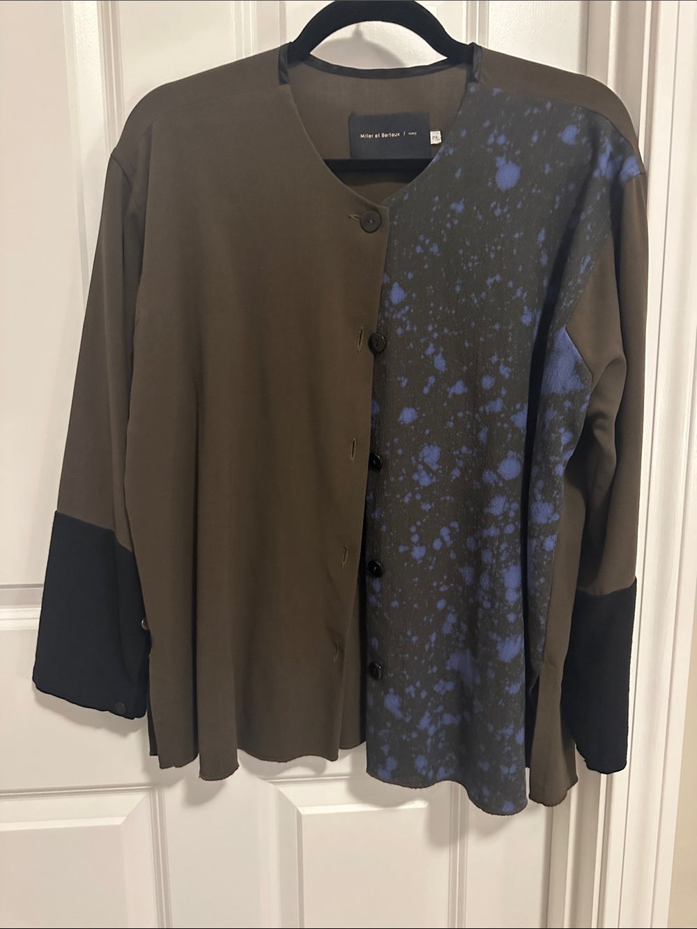 Oversized Shirt Jacket in Brown with Blue Splatter Panel